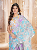 Jashiyaa Garden Vareli Women Floral Printed Chiffon Saree - Sky Blue Purple Orange