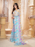 Jashiyaa Garden Vareli Women Floral Printed Chiffon Saree - Sky Blue Purple Orange