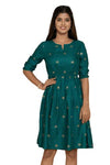 Amazon Brand - Anarva Women Rayon Printed Gathered A-Line Dress (Small_Dark Green)