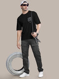 Jashiya BULLMER Trendy Front and Back Printed Oversized Round Neck T-Shirt for Men - Pure Black/Large