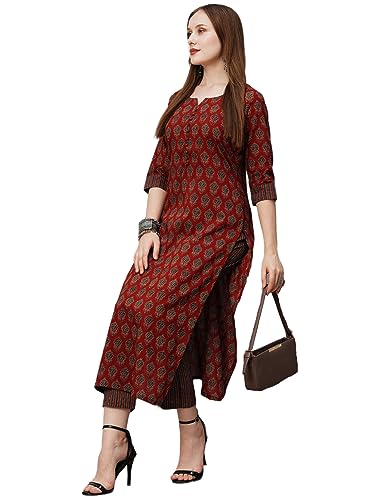 Jashiya ANNI DESIGNER Women's Cotton Blend Printed Straight Kurta with Pant (Nita Maroon_L_Maroon_Large)