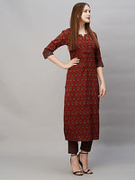 Jashiya ANNI DESIGNER Women's Cotton Blend Printed Straight Kurta with Pant (Nita Maroon_L_Maroon_Large)