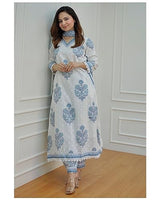 Jashiya Arayna Women's Cotton Printed Floral Straight Kurta with Palazzo Pants and Printed Dupatta Set, Light Blue