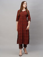 Jashiya ANNI DESIGNER Women's Cotton Blend Printed Straight Kurta with Pant (Nita Maroon_L_Maroon_Large)