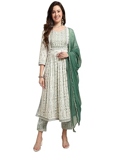 Jashiya Amayra Women's Rayon Nayra Cut Embroidered Kurta with Pant and Dupatta Set(TCK485,S) Green