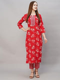 Jashiya ANNI DESIGNER Women's Cotton Blend Printed Straight Kurta with Pant (Lalbagh Red_XL_Red_X-Large)