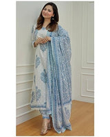 Jashiya Arayna Women's Cotton Printed Floral Straight Kurta with Palazzo Pants and Printed Dupatta Set, Light Blue