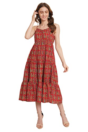 Amazon Brand - Anarva Jaipuri Cotton Printed Flared Strappy A-Line Dress for Women (Red Paisley)