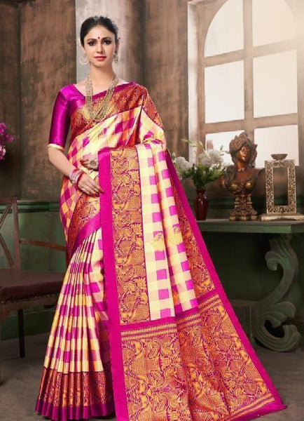 Jashiya.Com ₹567/- Glamorous Bhagalpuri Silk Sarees With Cheks Printed Work