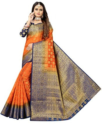 Jashiya.Shop ₹1299/- | Women's Pure Silk Woven Saree with Unstitched Blouse Piece. (Orange)