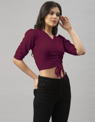 Selvia Casual Puff Sleeve Solid Women Top